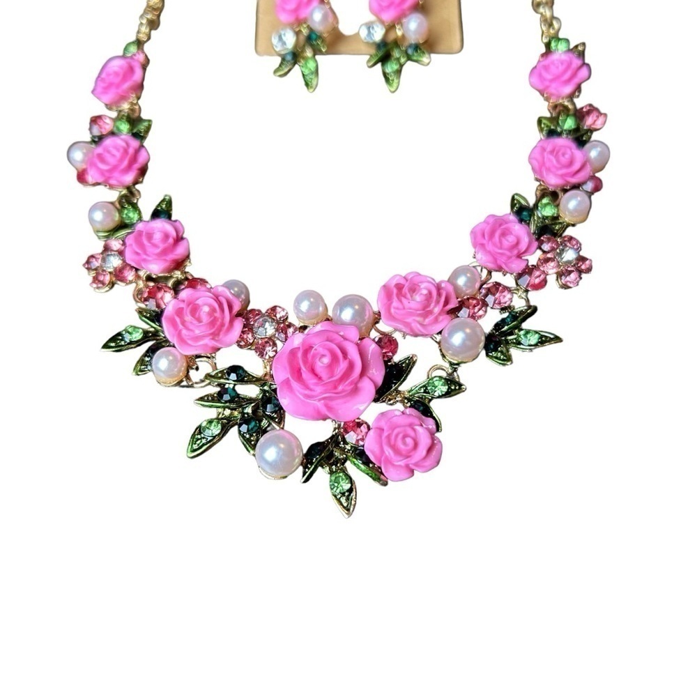 Pink Flower Rose Cluster Necklace Earring Set w/ Faux Pearl & Rhinestone Accents - Picture 6 of 15
